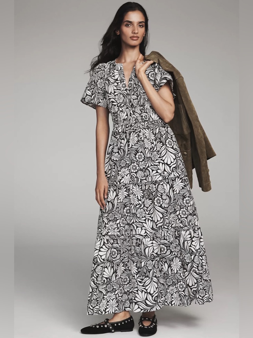 Anthropologie Navy  & White Floral Tiered Maxi